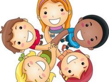 Tegning af 5 børn der står i rundkreds med krydsede arme